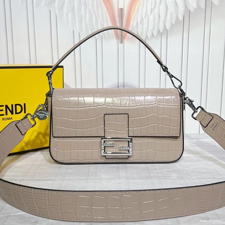 Cheap HOT Leather Crocodile Fendi Baguette Tiffany Medium Bag In Khaki 0806